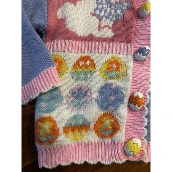 Vintage Girls Avon Style Patchwork Easter Cardigan Bunny Duck Eggs Sz 4/5 Pastel - Picture 2 of 13